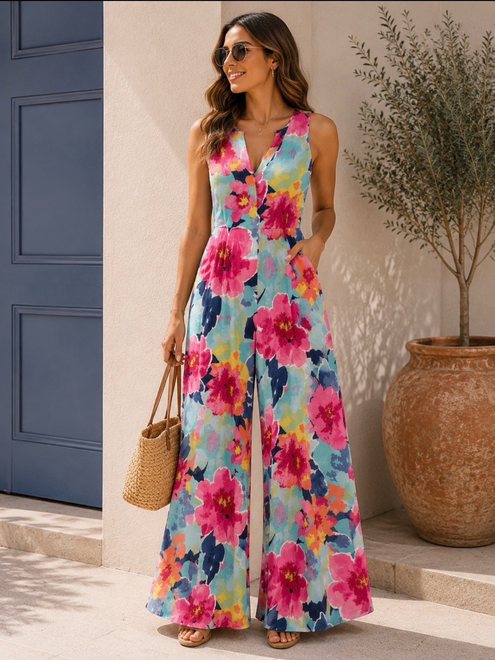 Onetheland Floral Wide Leg Jumpsuit Sleeveless Keyhole Back Size S